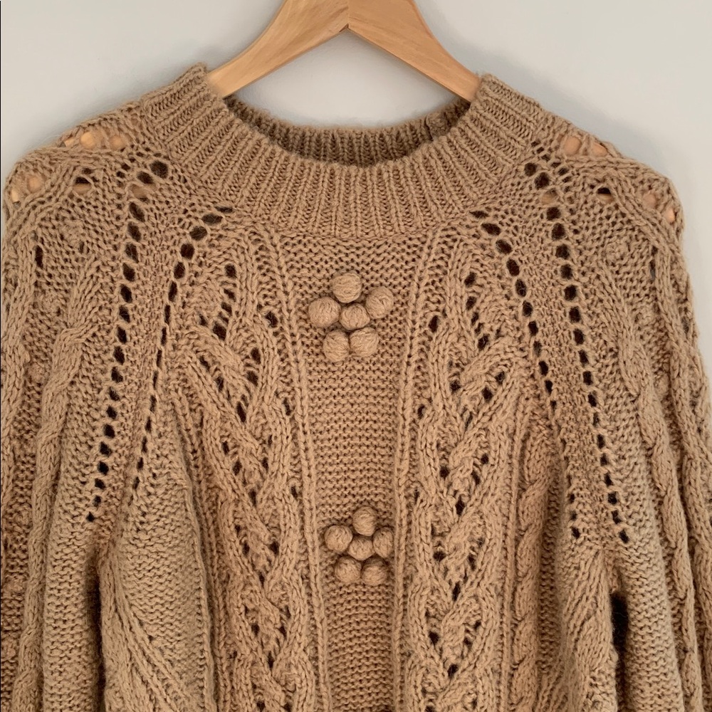 J. Crew Cable Knit Pointelle Sweater With Popcorn Flowers Large Tan Fisherman - Picture 2 of 11